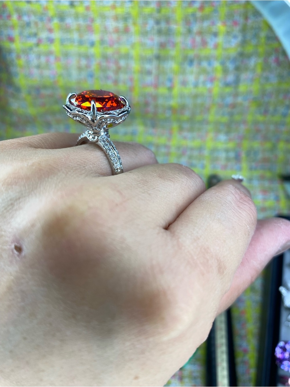 A great rose cut diamond Sterling Silver Ring with Fiery Orange Gemstone